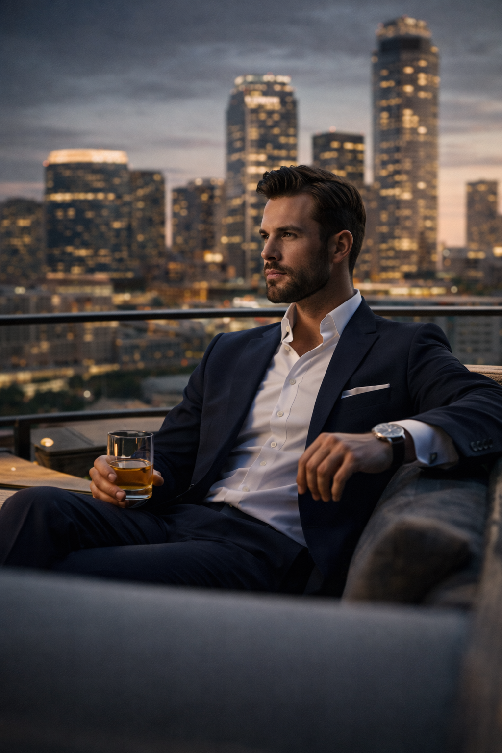Polished man in a refined rooftop setting above the city for the daddy homepage hero image.